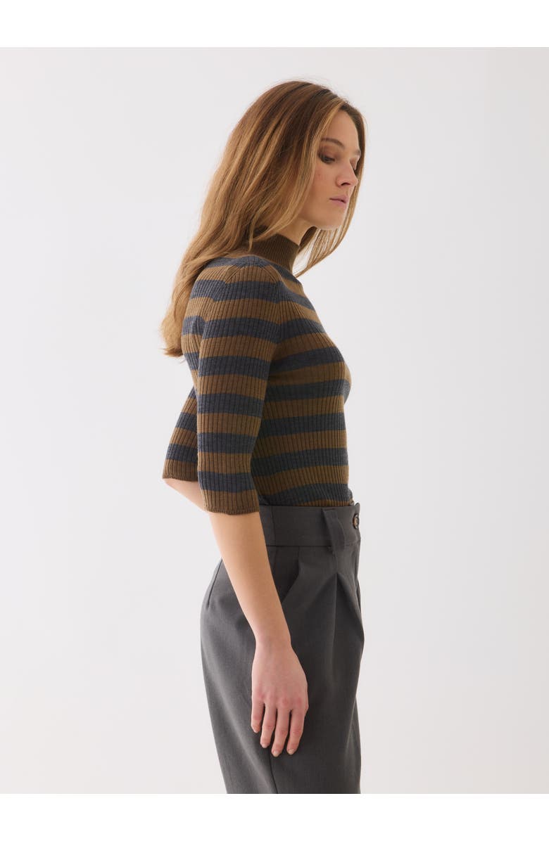 Majestic Filatures Merino Superfine Rib Knit Stripe Turtleneck, Alternate, color, Camel/Anthracite Chine