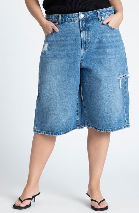 Ripped Denim Bermuda Shorts (Plus)