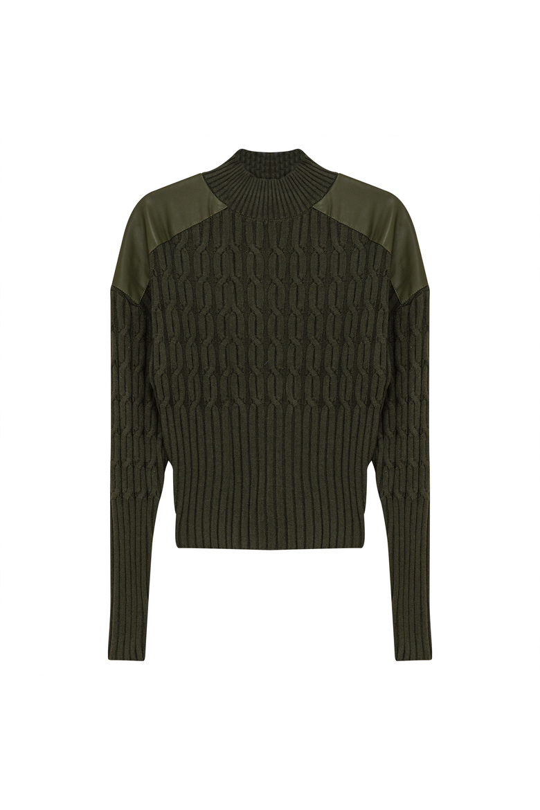 Dolman Leather Combo Sweater - Cable Knit Long Sleeve, Main, color, Dark Olive