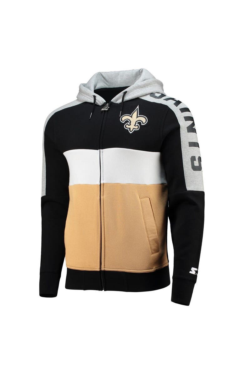STARTER Men's Starter Black/Gold New Orleans Saints Playoffs Color Block Full-Zip Hoodie, Alternate, color, Black