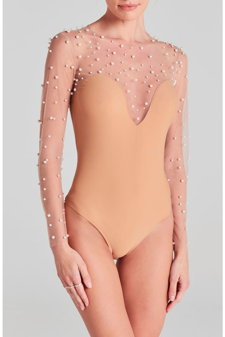 Hettie Faux Pearl Illusion Neck Bodysuit, Main, color, WHITE