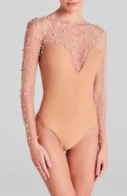 NADINE MERABI Hettie Faux Pearl Illusion Neck Bodysuit