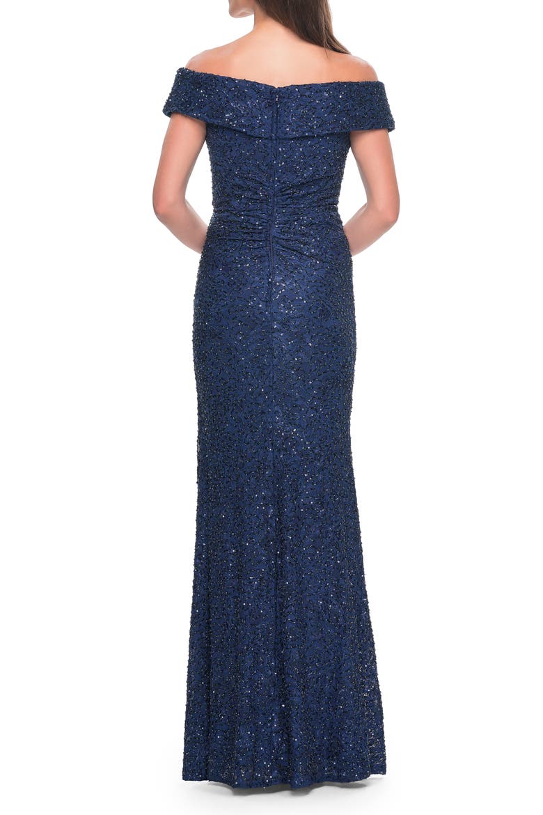 Off the Shoulder Beaded Lace Evening Gown, Alternate, color, Navy