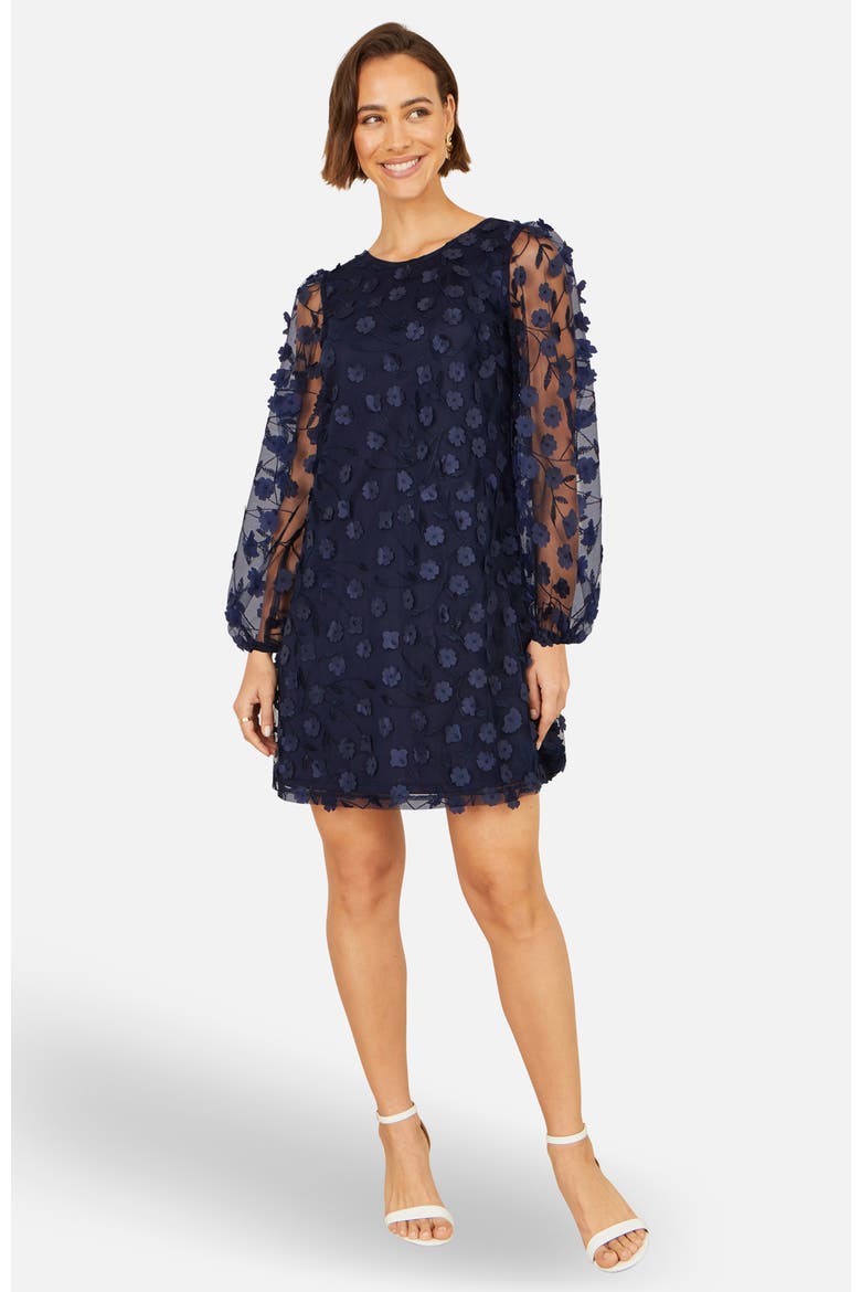 Long Sleeve Floral Applique Tunic Dress, Alternate, color, Navy