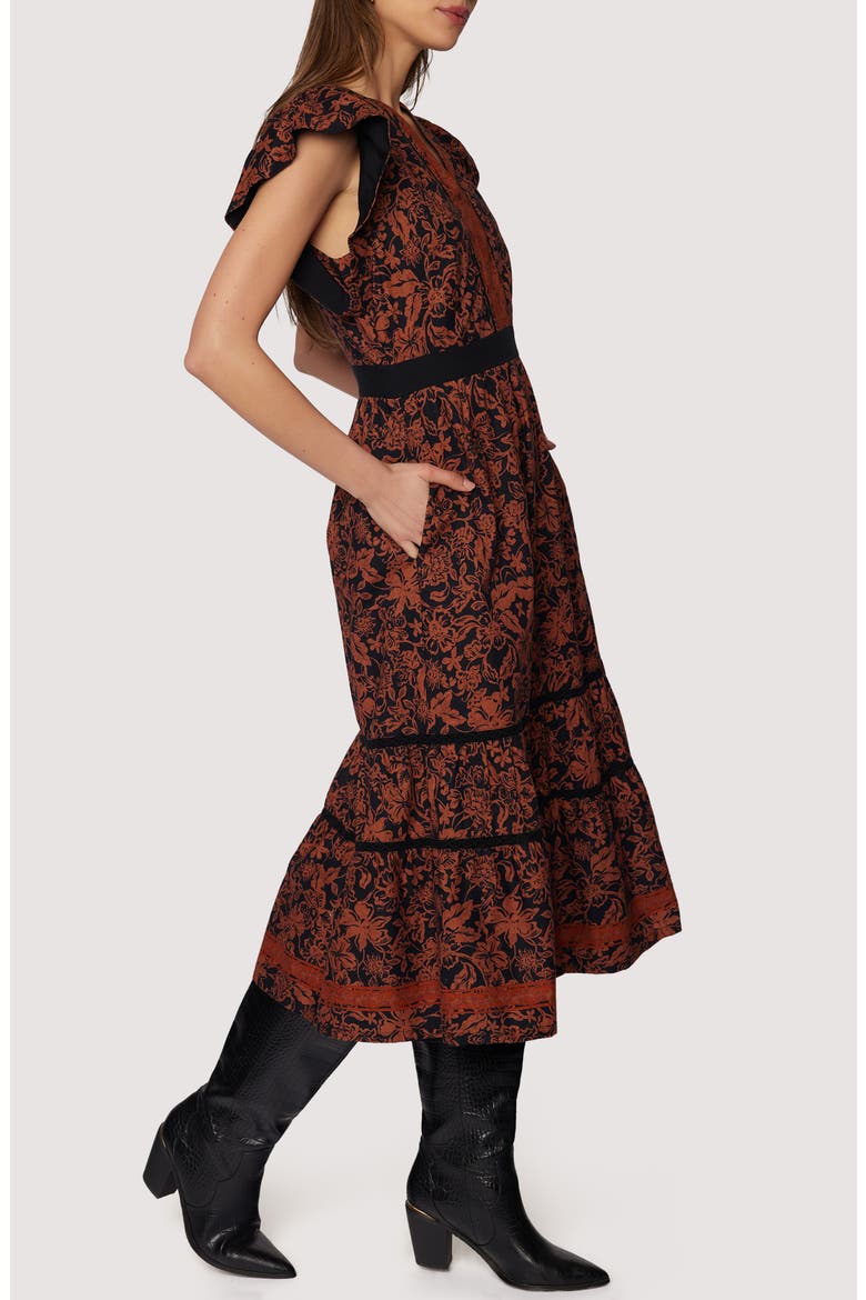 Lady of Siena Floral Cap Sleeve Cotton Midi Dress, Alternate, color, BROWN-FLORAL