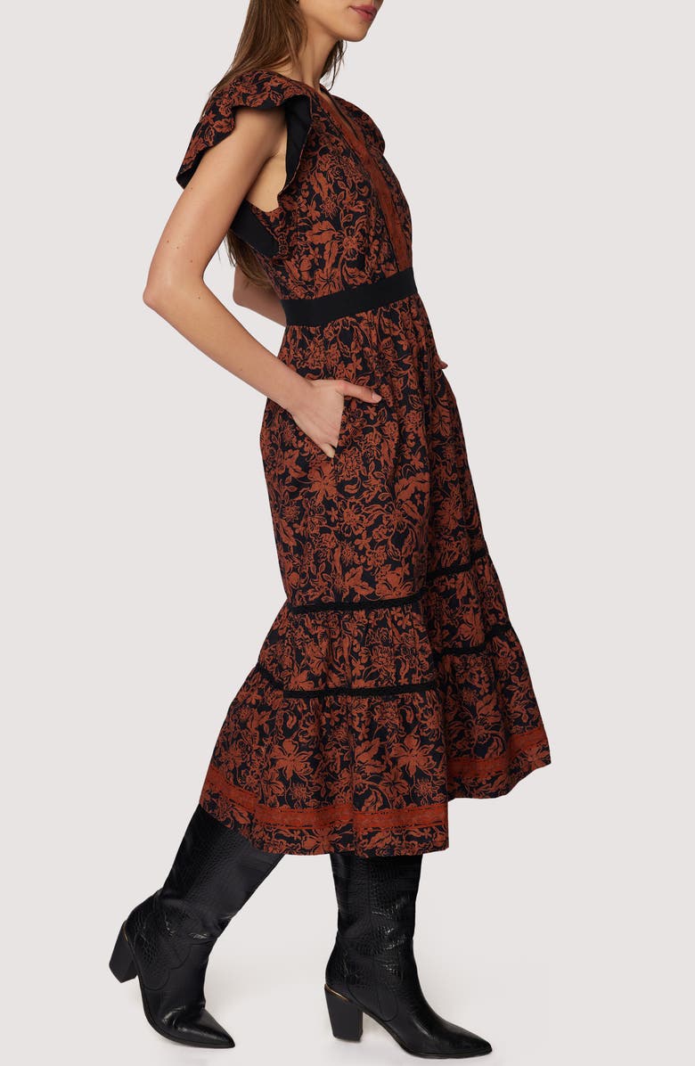Lost + Wander Lady of Siena Floral Cap Sleeve Cotton Midi Dress, Alternate, color, Brown-Floral