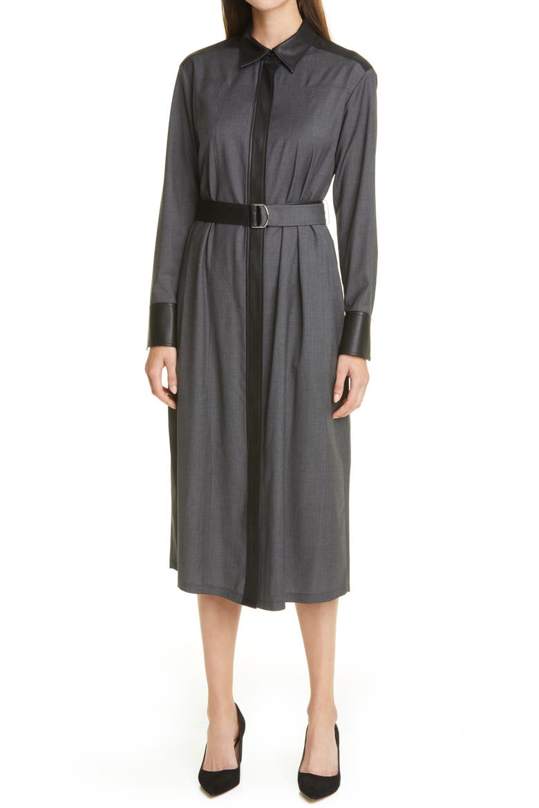 Deluta Mixed Media Belted Shirtdress, Main, color, MEDIUM GREY MELANGE
