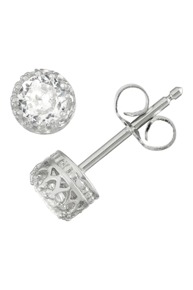 Sterling Silver Stone Crown Stud Earrings, Main, color, WHITE SAPPHIRE