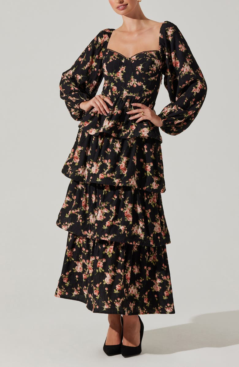 ASTR the Label Alumie Long Sleeve Tiered Maxi Dress, Alternate, color, Black Rose Floral
