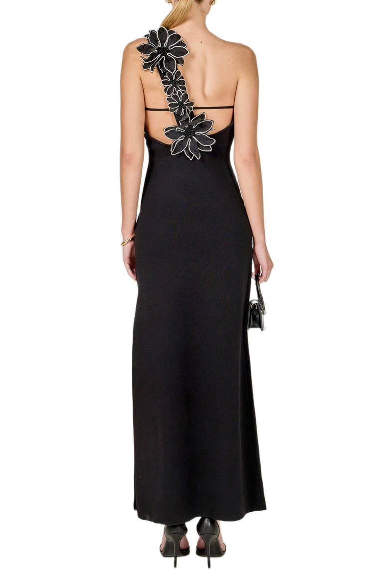 Flower One-Shoulder Knit Maxi Dress, Alternate, color, BLACK