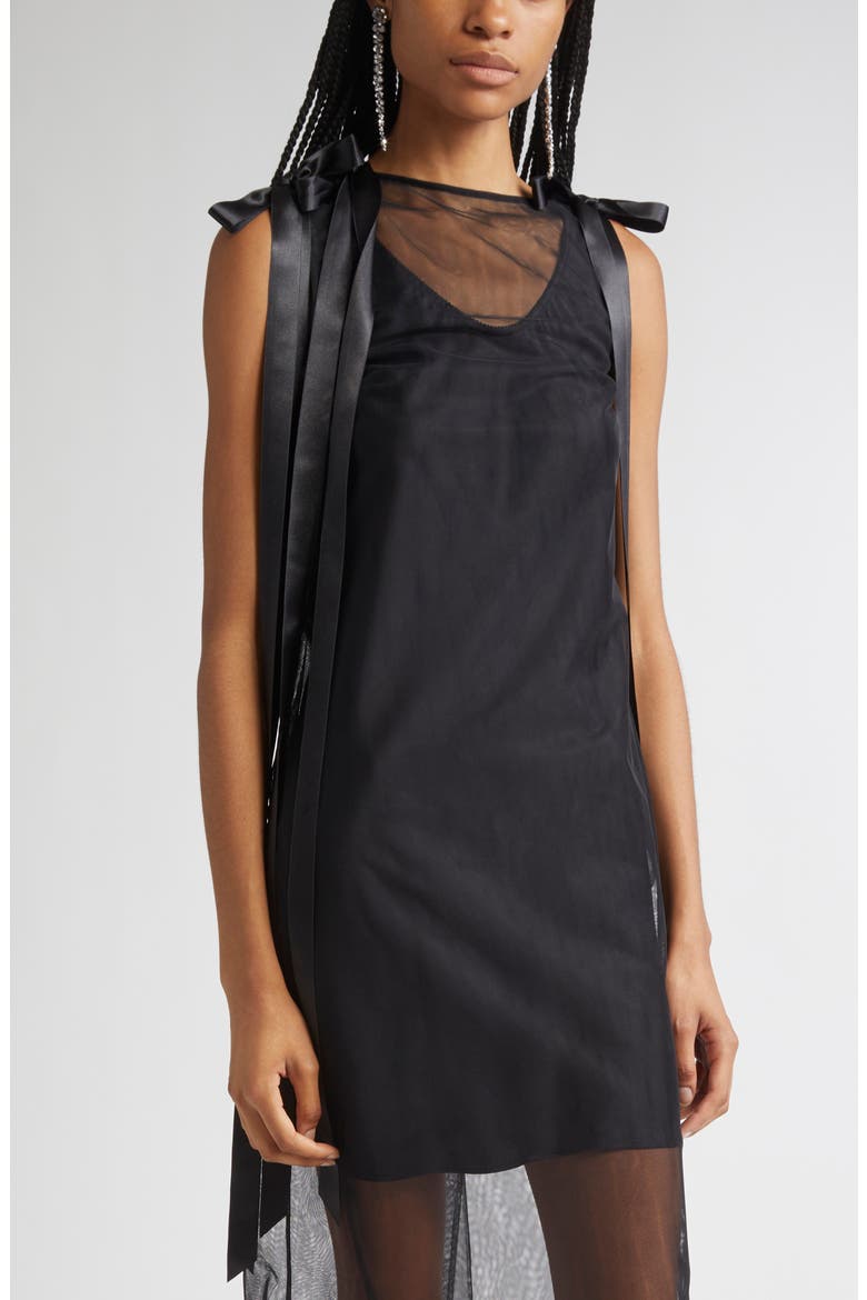 Bow Detail Sheer Tulle Midi Dress, Alternate, color, BLACK