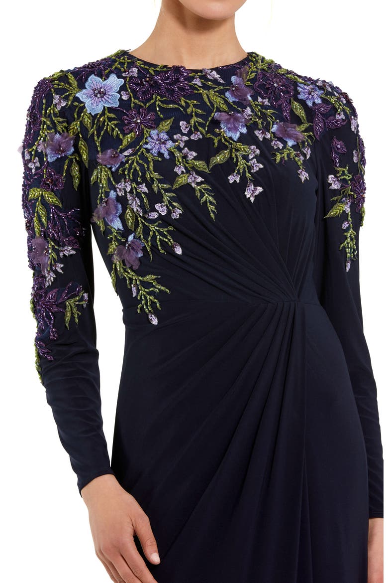 Embellished Long Sleeve Fitted Jersey Gown, Alternate, color, Midnight