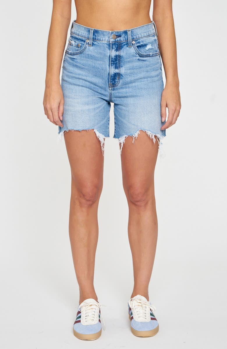 DAZE Sundaze High Waist Cutoff Denim Shorts, Main, color, Marina Distressed