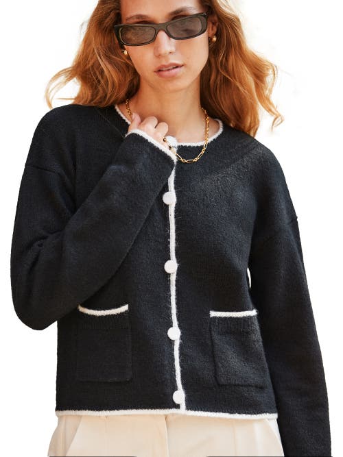Ro&zo Long Sleeve Crew Neck Contrast Cardigan In Black