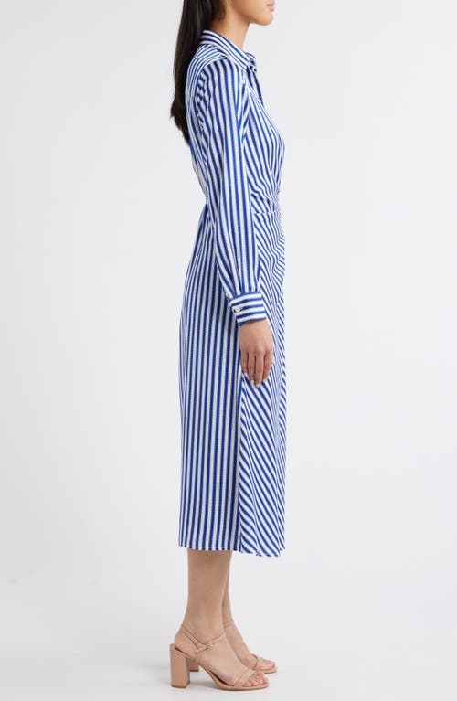 Zoe And Claire Stripe Wrap Waist Long Sleeve Midi Shirtdress In Ivory/blue