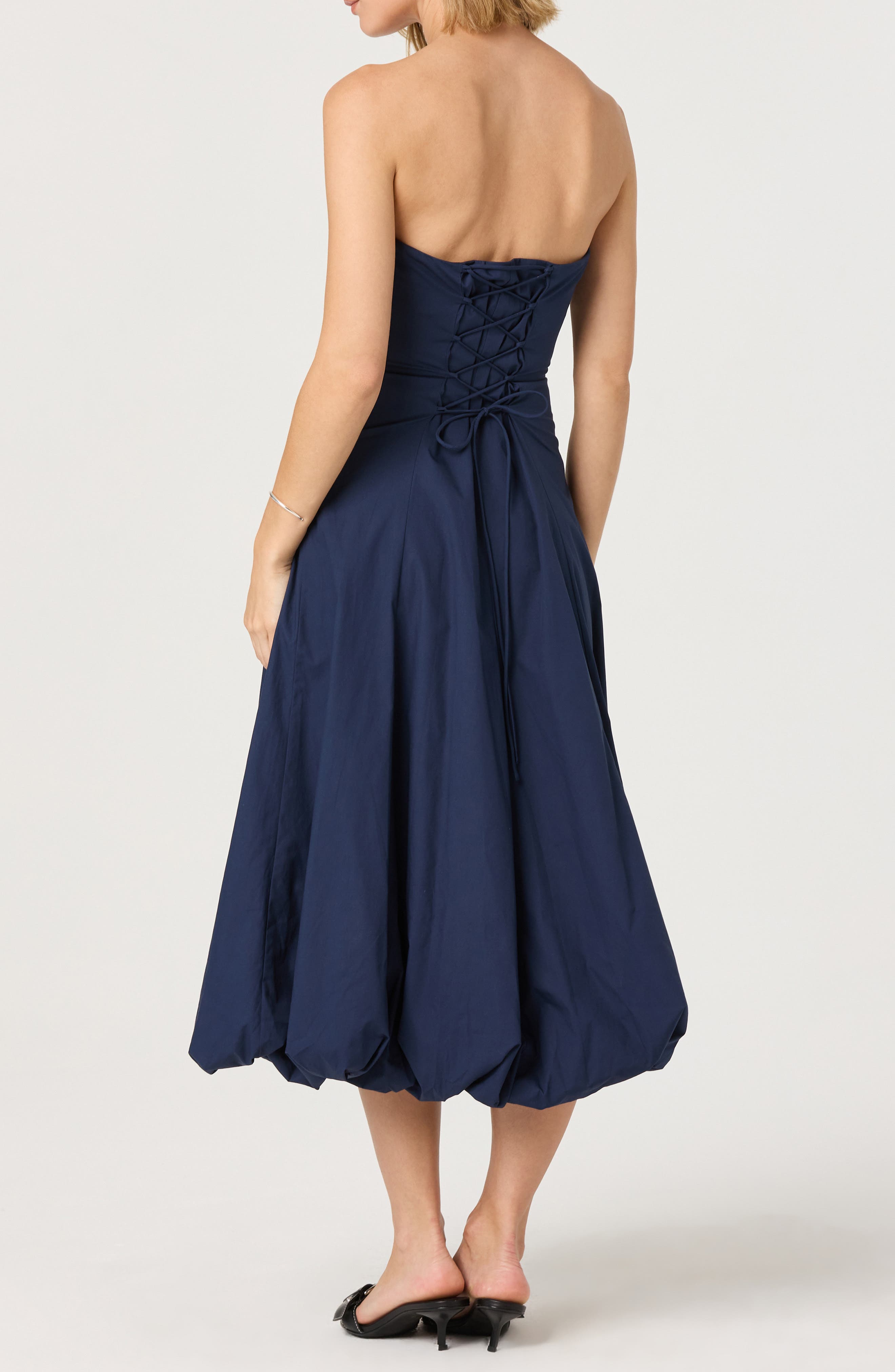 cotton poplin strapless midi dress Strapless Ruched Midi Dress in Poplin