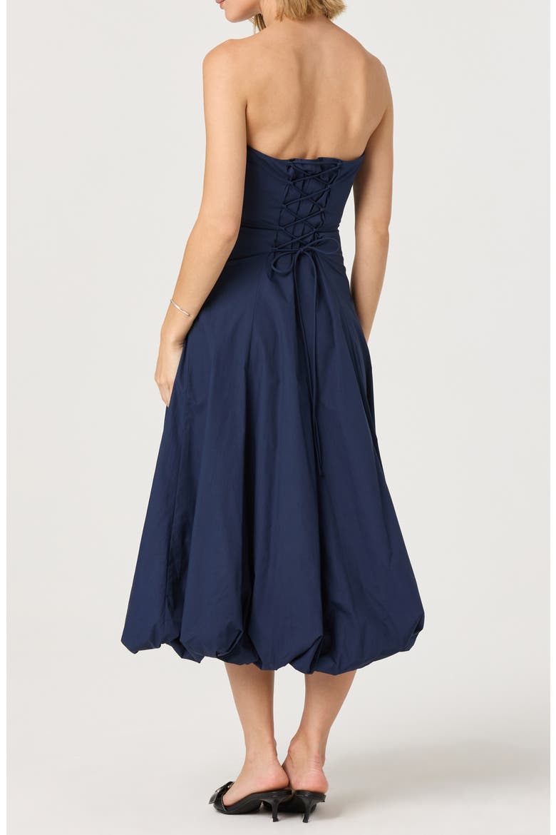 Strapless Bubble Hem Cotton Poplin Midi Dress, Alternate, color, NAVY