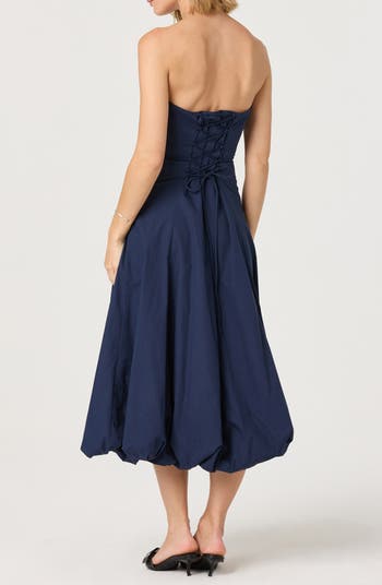 Strapless Bubble Hem Cotton Poplin Midi Dress