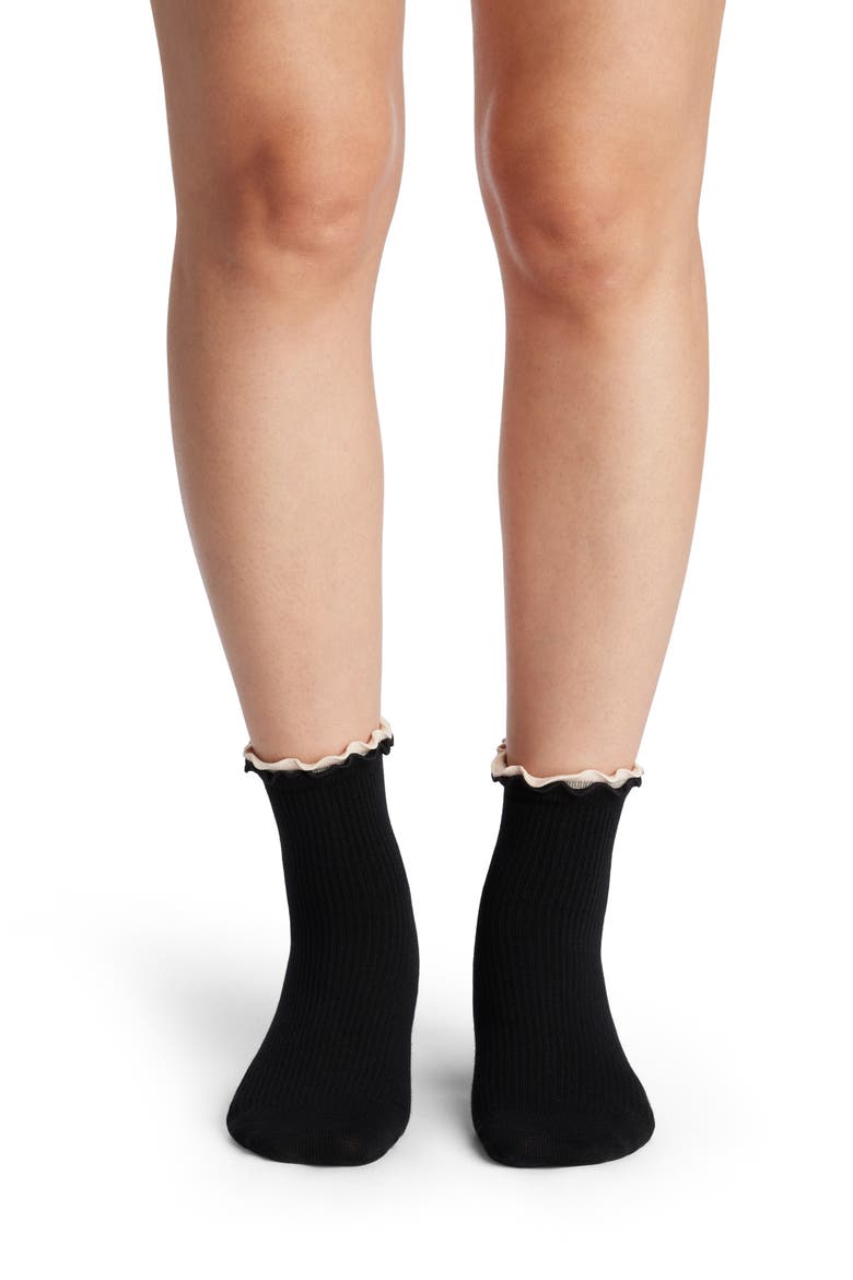 Solid Double Ruffle Lightweight Quarter Socks, Alternate, color, BLACK RUFFLE
