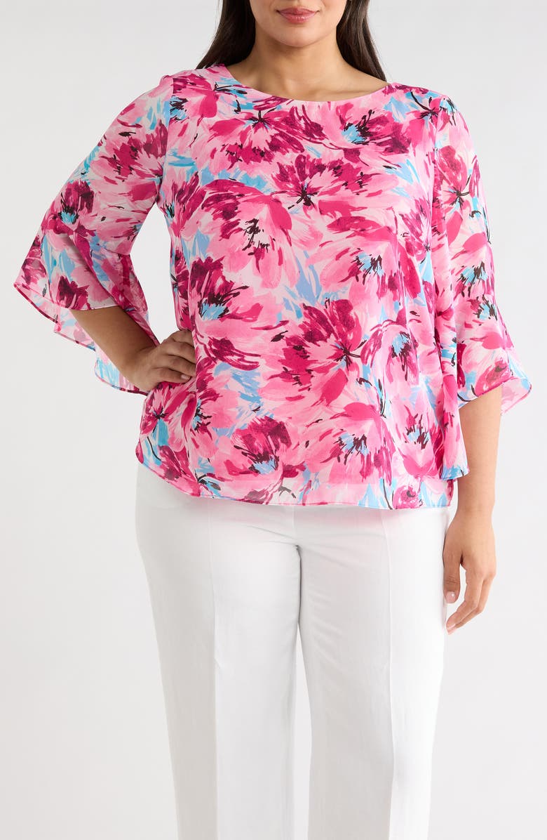 KASPER Floral Print Ruffle Top, Main, color, Lily White Multi