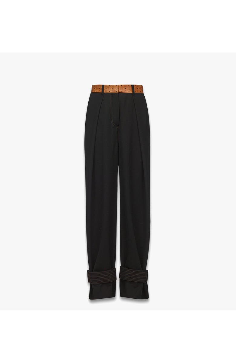 MCM Pants in Wool Twill and Monogram Print Leather, Main, color, Black