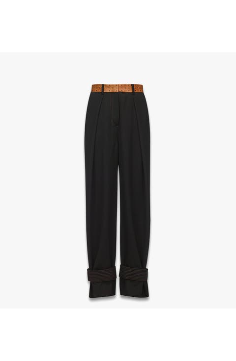 Pants in Wool Twill and Monogram Print Leather