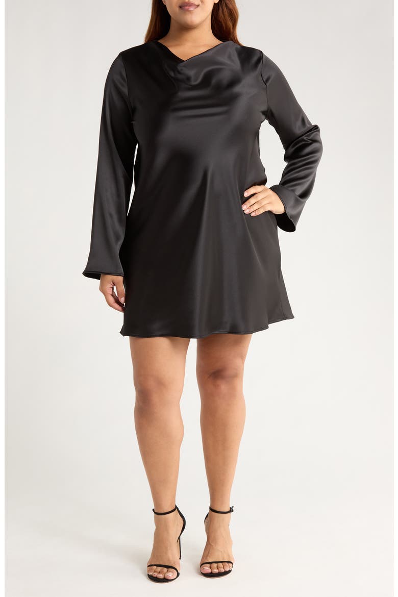 Cowl Neck Long Sleeve Satin Minidress, Main, color, BLACK