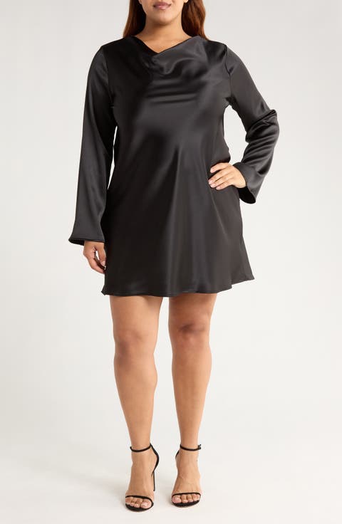 Cowl Neck Long Sleeve Satin Minidress (Plus)