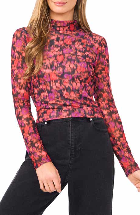 CeCe Blurred Floral Mock Neck Mesh Top