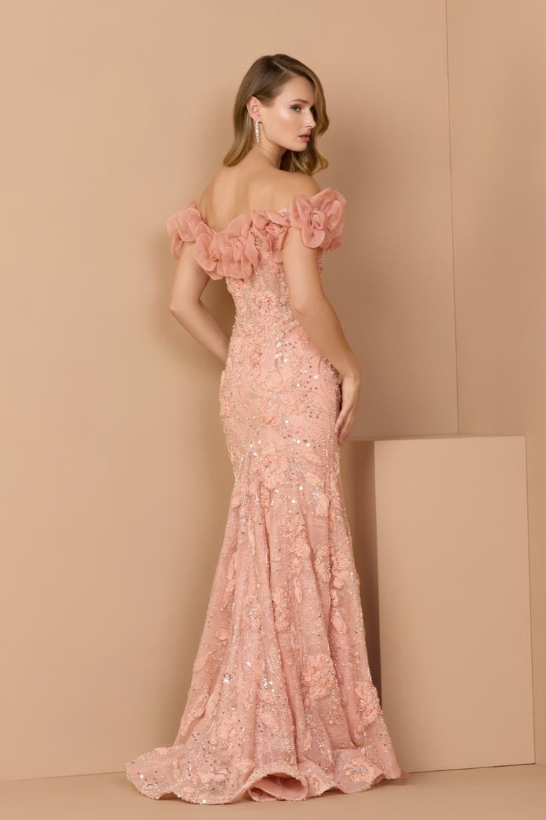 3D Floral Embellished Off The Shoulder Mermaid Gown, Alternate, color, Blush
