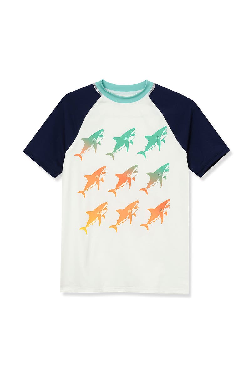 Lands
End Boys Short Sleeve UPF 50 Sun Protection Rash Guard, Main, color, Beach Glass Sharks