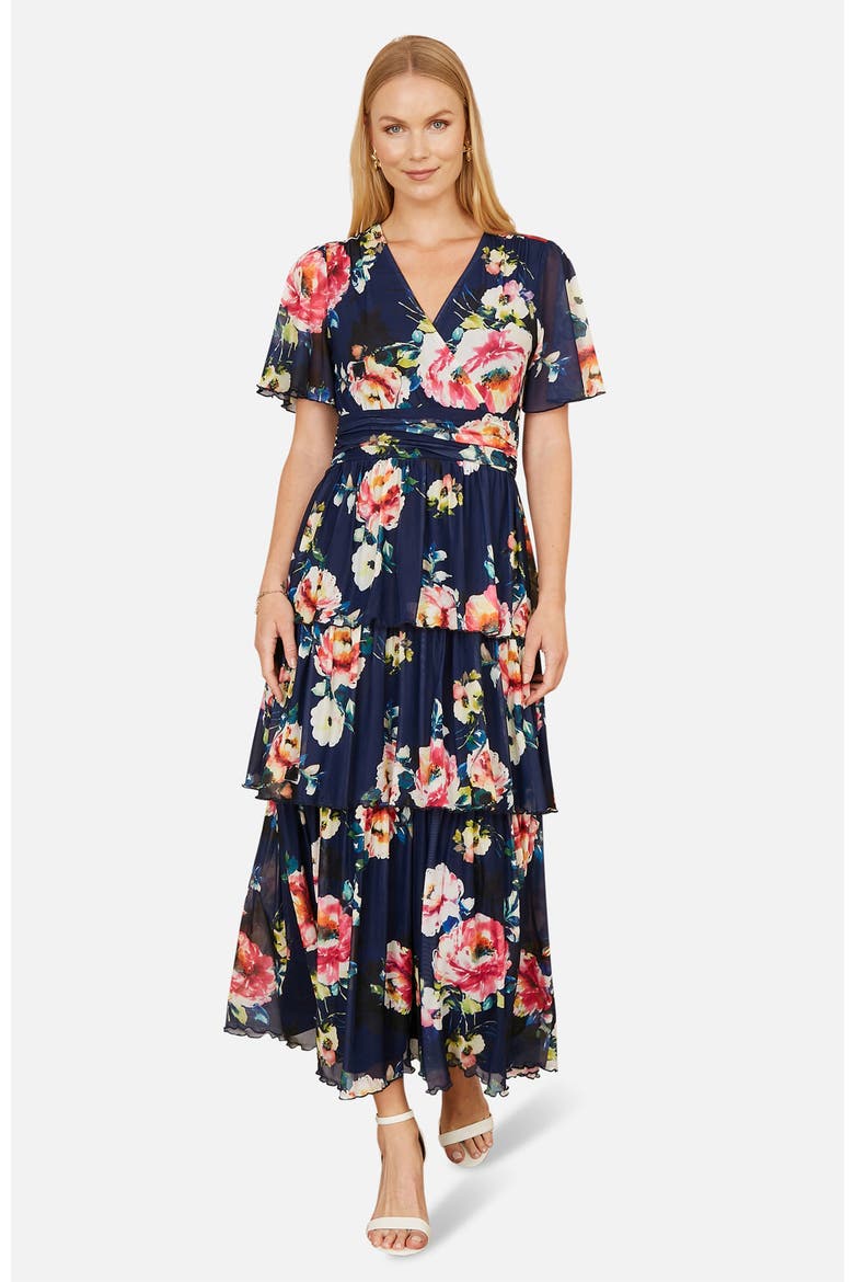 Mesh V-Neck Tiered Maxi Dress, Main, color, Navy