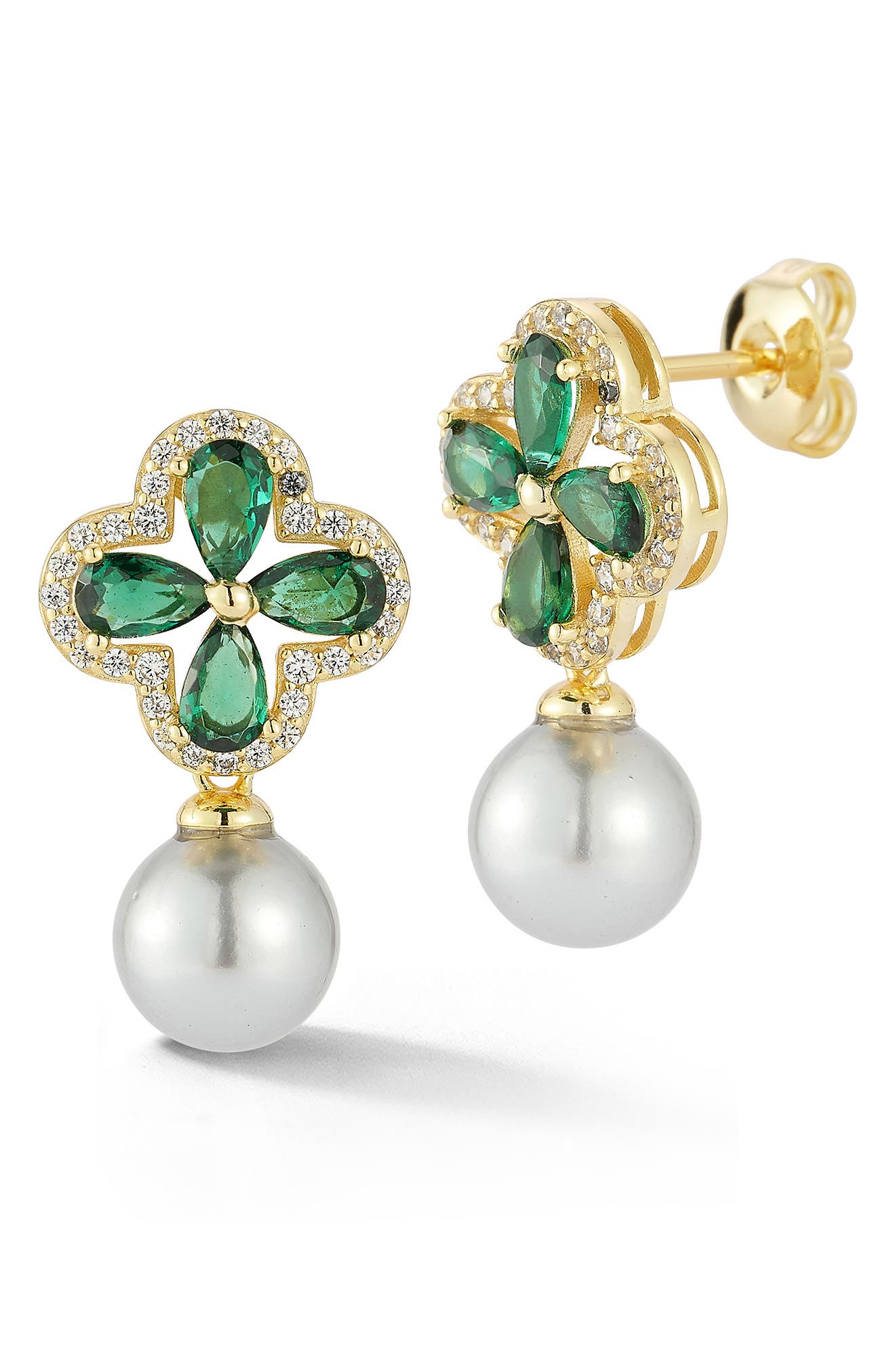 Sphera Milano Clover Faux Pearl Drop Earrings In Gold