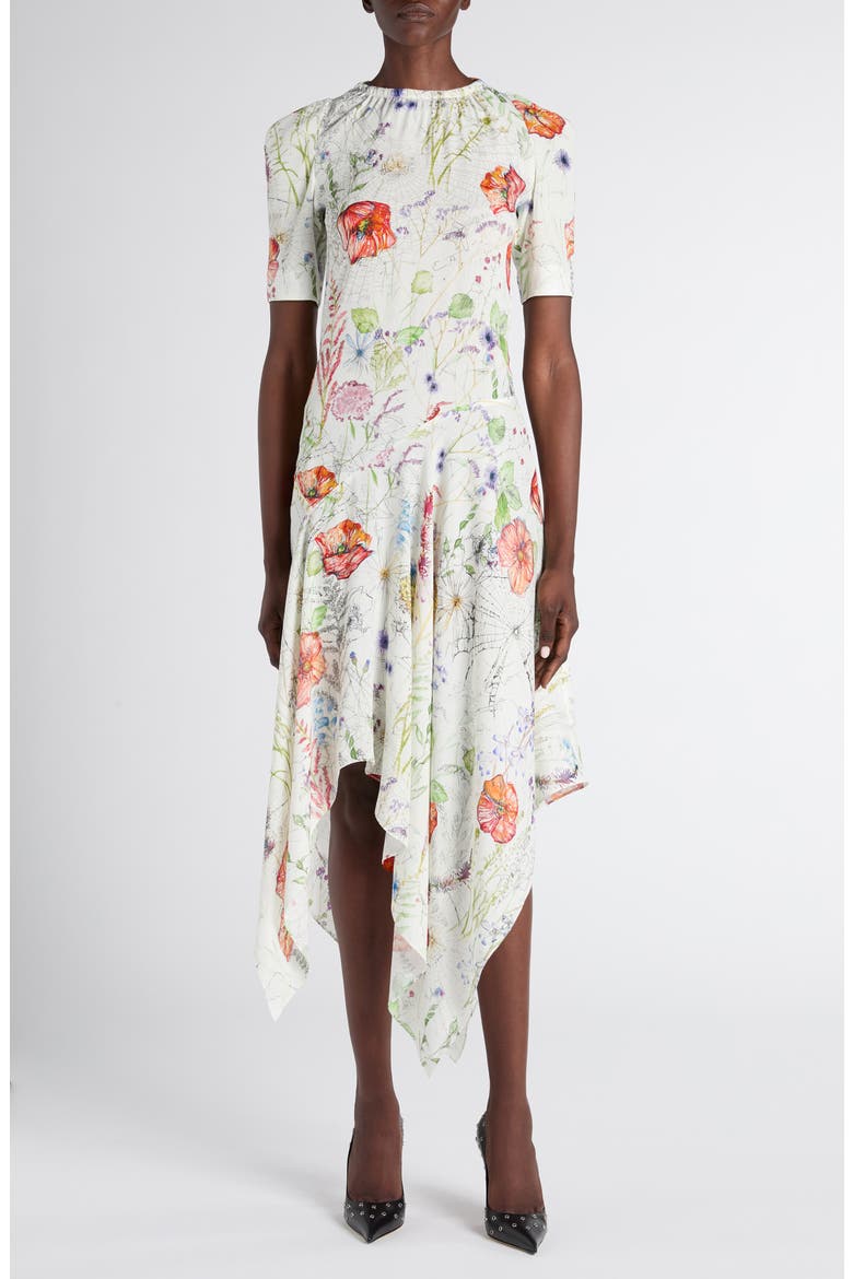 Floral Print Asymmetric Crepe Dress, Main, color, WHITE