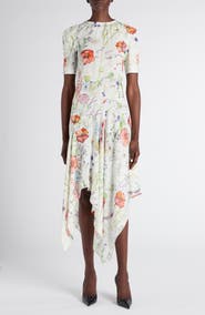 McQueen Floral Print Asymmetric Crepe Dress