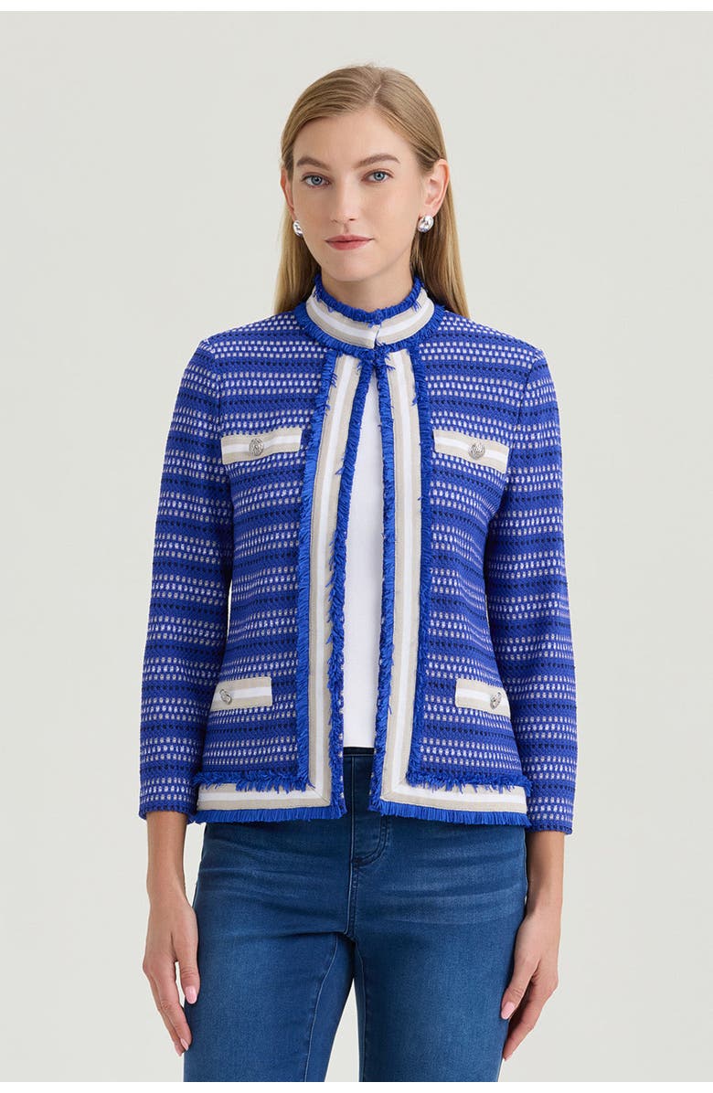 Ming Wang Heritage Ribbon Fringe Trim Knit Jacket, Alternate, color, Sapphire Sea/Limestone