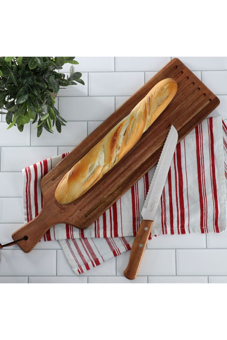 2 Piece Acacia Wood Serving Board and Bread Knife Set, Alternate, color, Brown