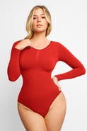 Popilush Shapewear Seamless Modal Long Sleeve Henley Bodysuit