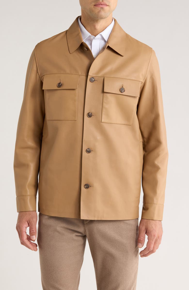 BOSS Malid Leather Button-Up Shirt Jacket, Alternate, color, Medium Beige
