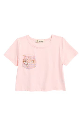 Doe A Dear Kids' Tweed Faux Pearl Necklace Pocket T-shirt In Pink