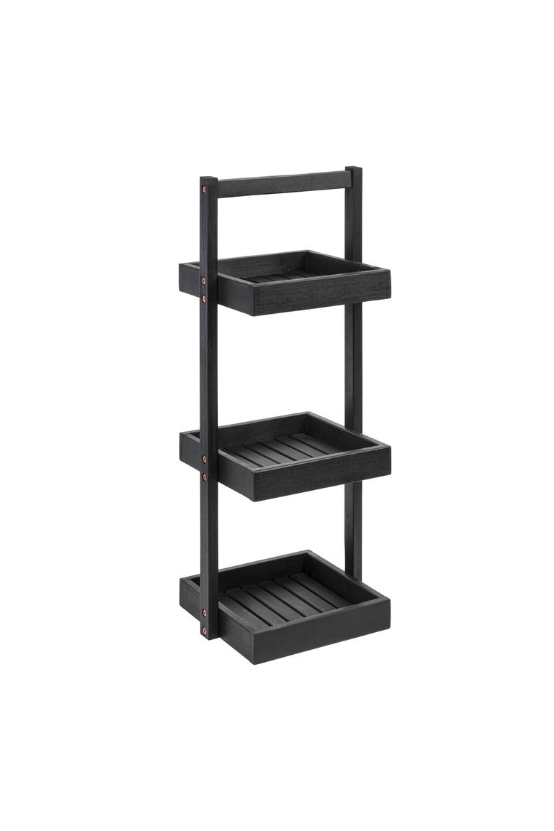 Tilly 30" Classic Rustic 3-Tier Acacia Wood Freestanding Bathroom Shower Caddy, Main, color, Black