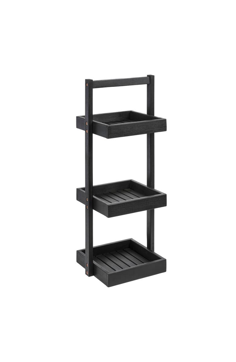 HAPPIMESS Tilly 30" Classic Rustic 3-Tier Acacia Wood Freestanding Bathroom Shower Caddy, Main, color, Black