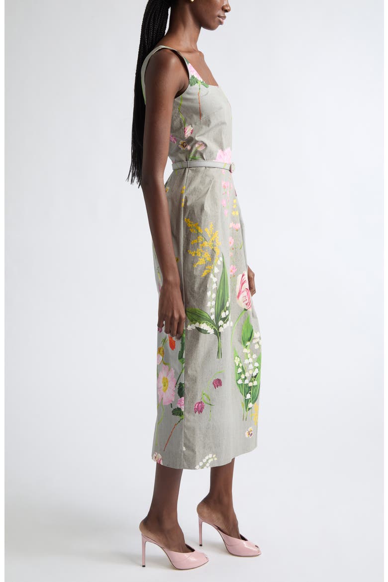 Mixed Botanical Pleated Cotton Stretch Poplin Midi Dress, Alternate, color, GREY MULTI