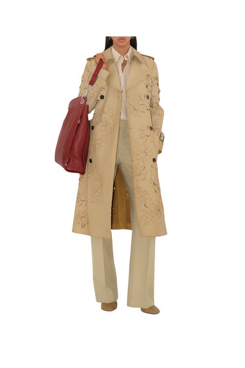 Burberry Long Cutout Daisy Suede Trench Coat In Tan