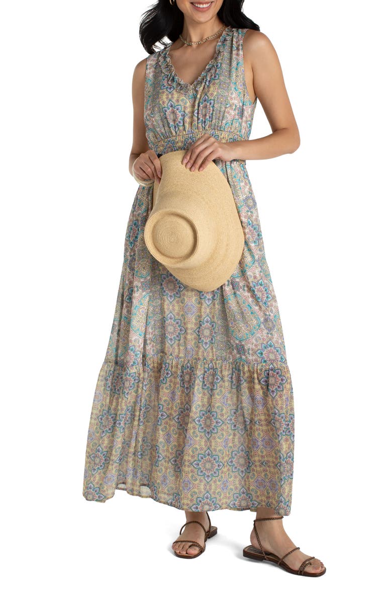 Floral Paisley Smock Waist Maxi Dress, Main, color, CITRON MULTI
