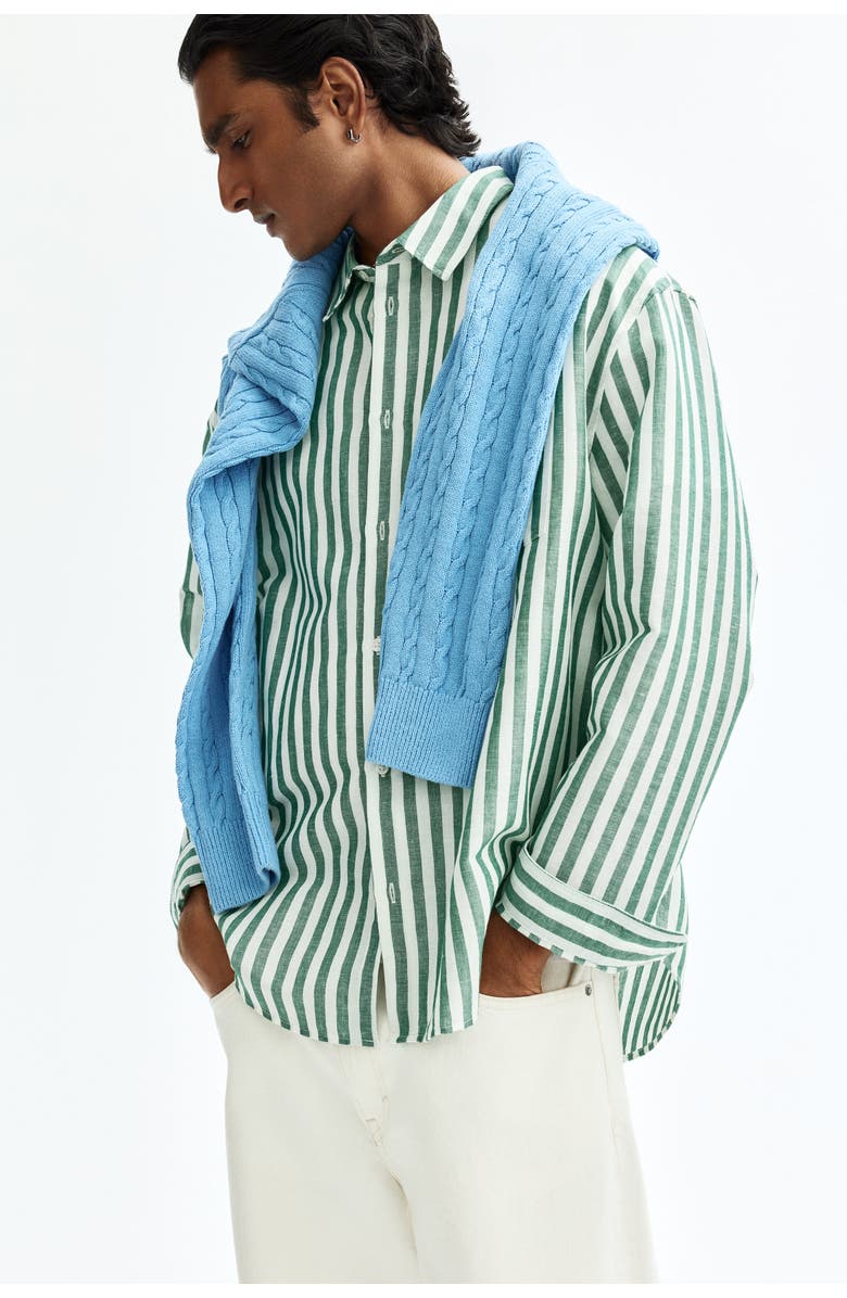 H&M Relaxed Fit Linen-blend Shirt, Alternate, color, Green/Striped