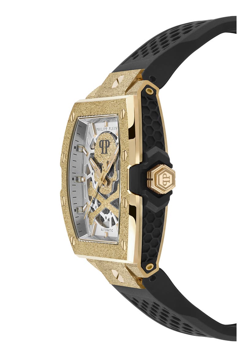 The $keleton Frosted Automatic Silicone Strap Watch, 44mm, Alternate, color, IP YELLOW GOLD
