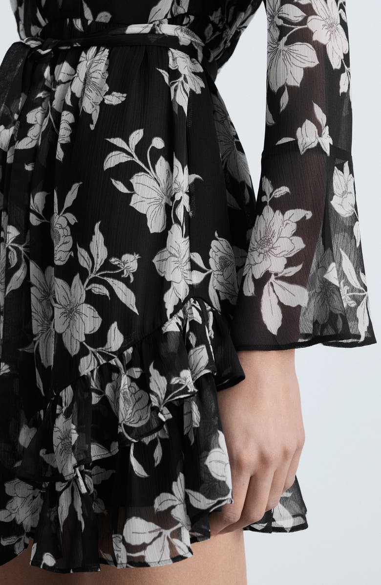 MANGO Floral Ruffle Long Sleeve Tie Belt Dress, Alternate, color, Black