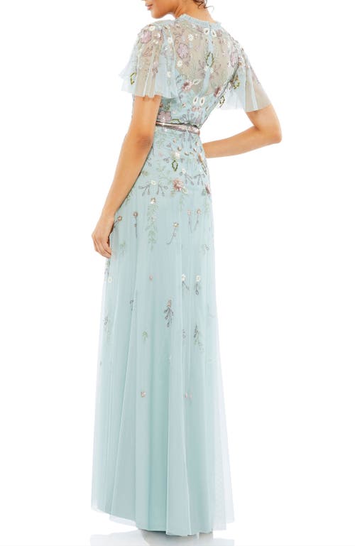 Mac Duggal Embellished High Neck Butterfly Sleeve Gown In Mint