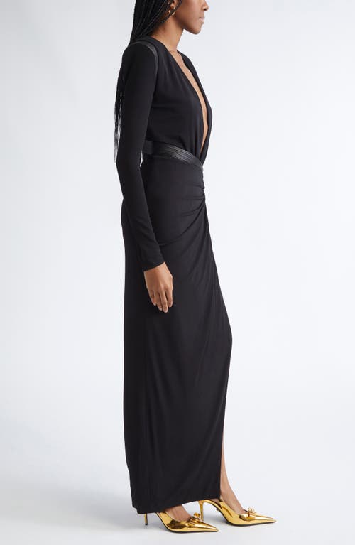 Versace Plunge Neck Long Sleeve Gown In Black